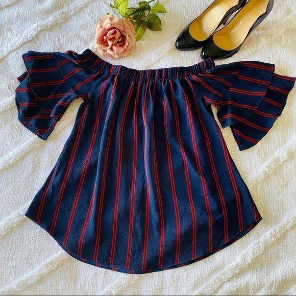 Moa moa navy and red stripe off the shoulder top S - Picture 2 of 4